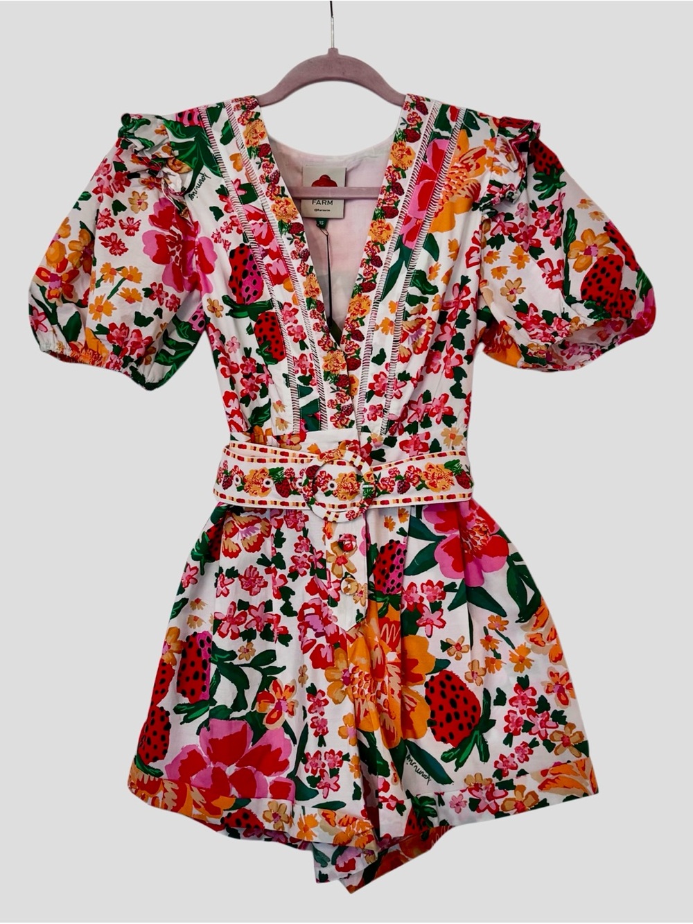 NWT Farm Rio Off White Cotton Floral Print Sketch Cotton Belted Romper Size XS - Picture 12 of 15